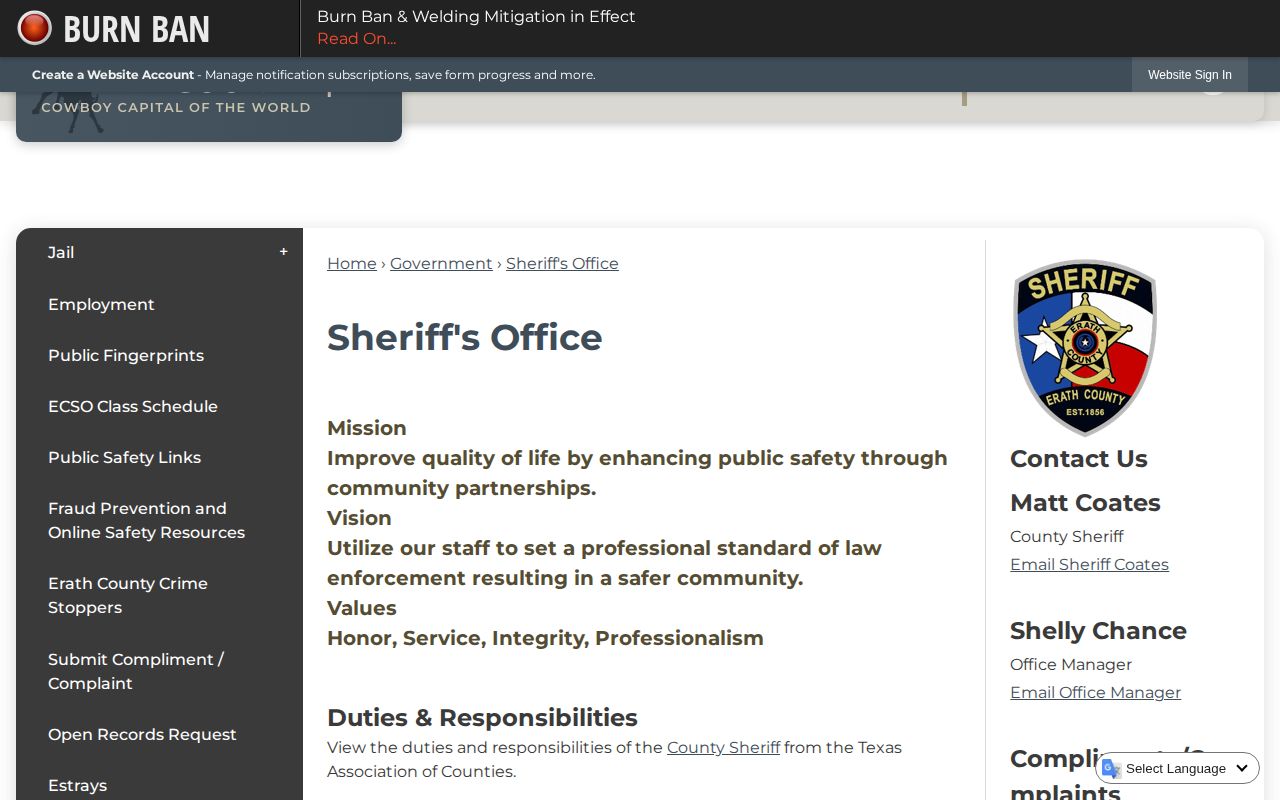 Erath County Sheriff's Office booking record access page