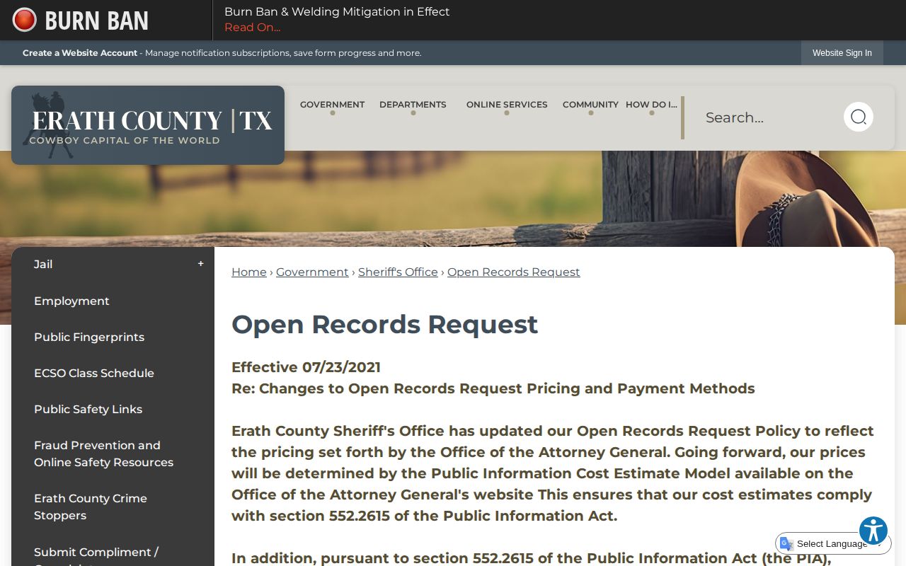 Erath County booking record open records request page